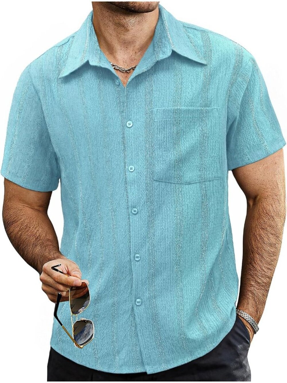Men Light Blue Striped Short Sleeve Collared Button Down Beach Shirt with Pocket